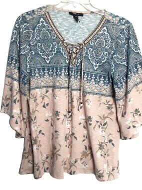 Style & Co. Blouse XL Pullover Hippie Boho Peasant 3/4 Sleeve Drawstring V-Neck